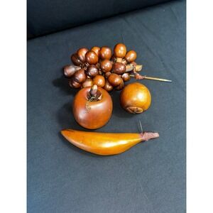 Vintage Carved Wood Fruit Apple Banana Grapes Decorative Set‎